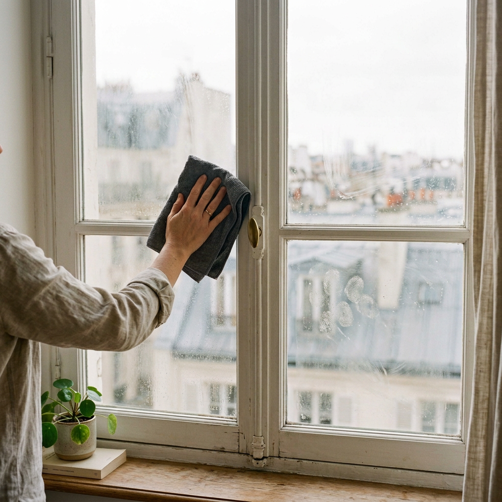 Vitre avant nettoyage : voile, traces d'eau et marques de doigts