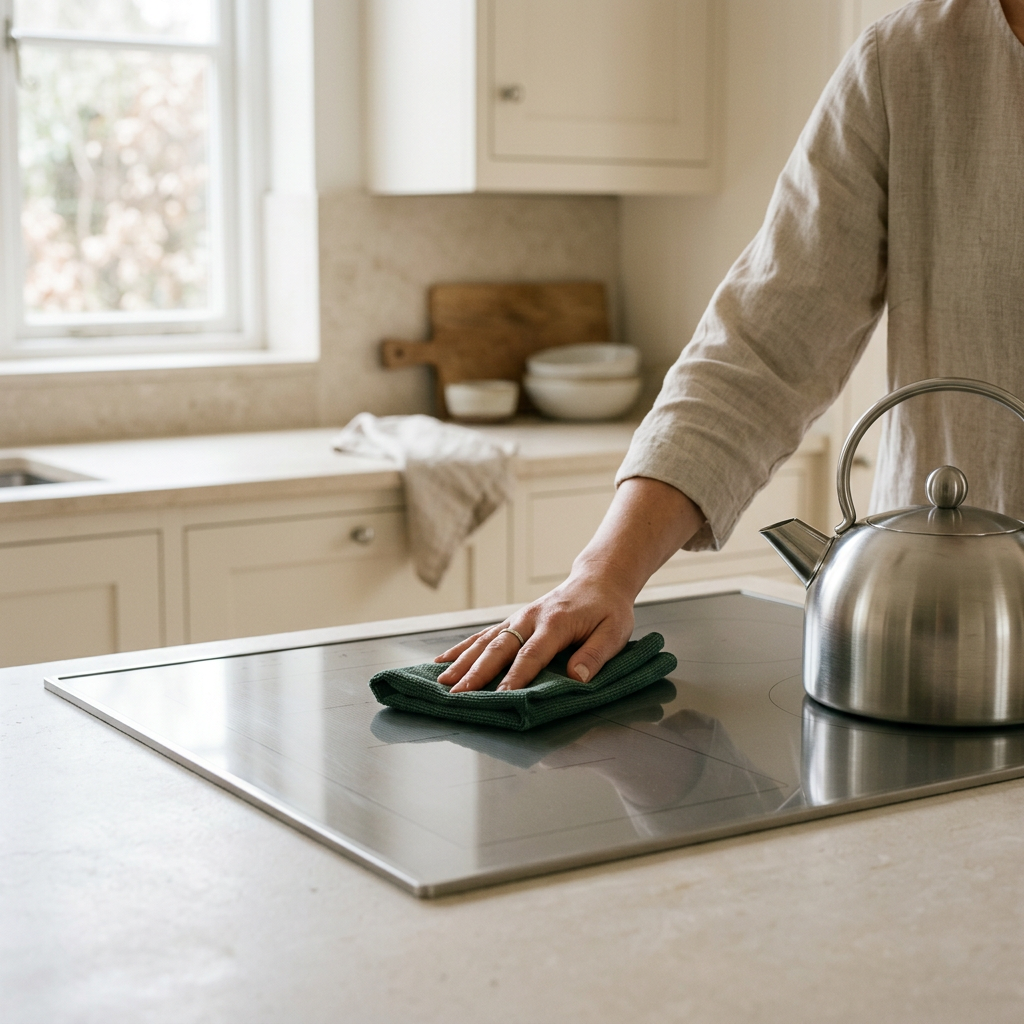 Fibrae Original on stainless steel and a cooktop, no fingerprints