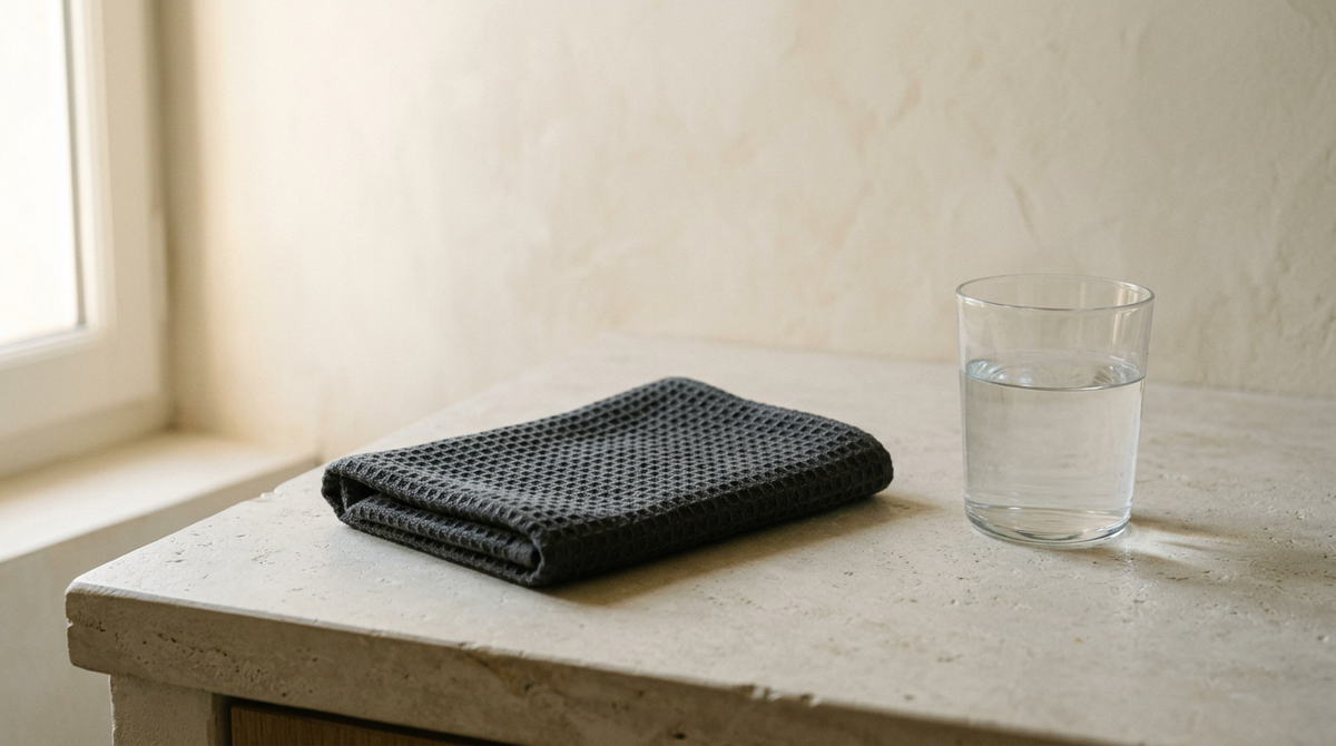 Chiffon Fibrae et verre d'eau sur plan de travail en pierre