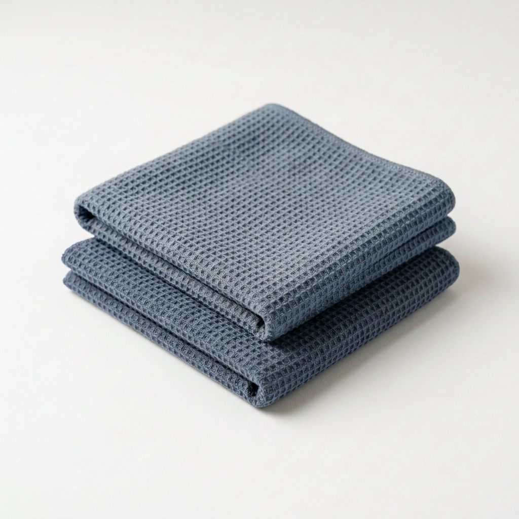 Fibrae Multi-Pack waffle microfiber towels in blue, folded